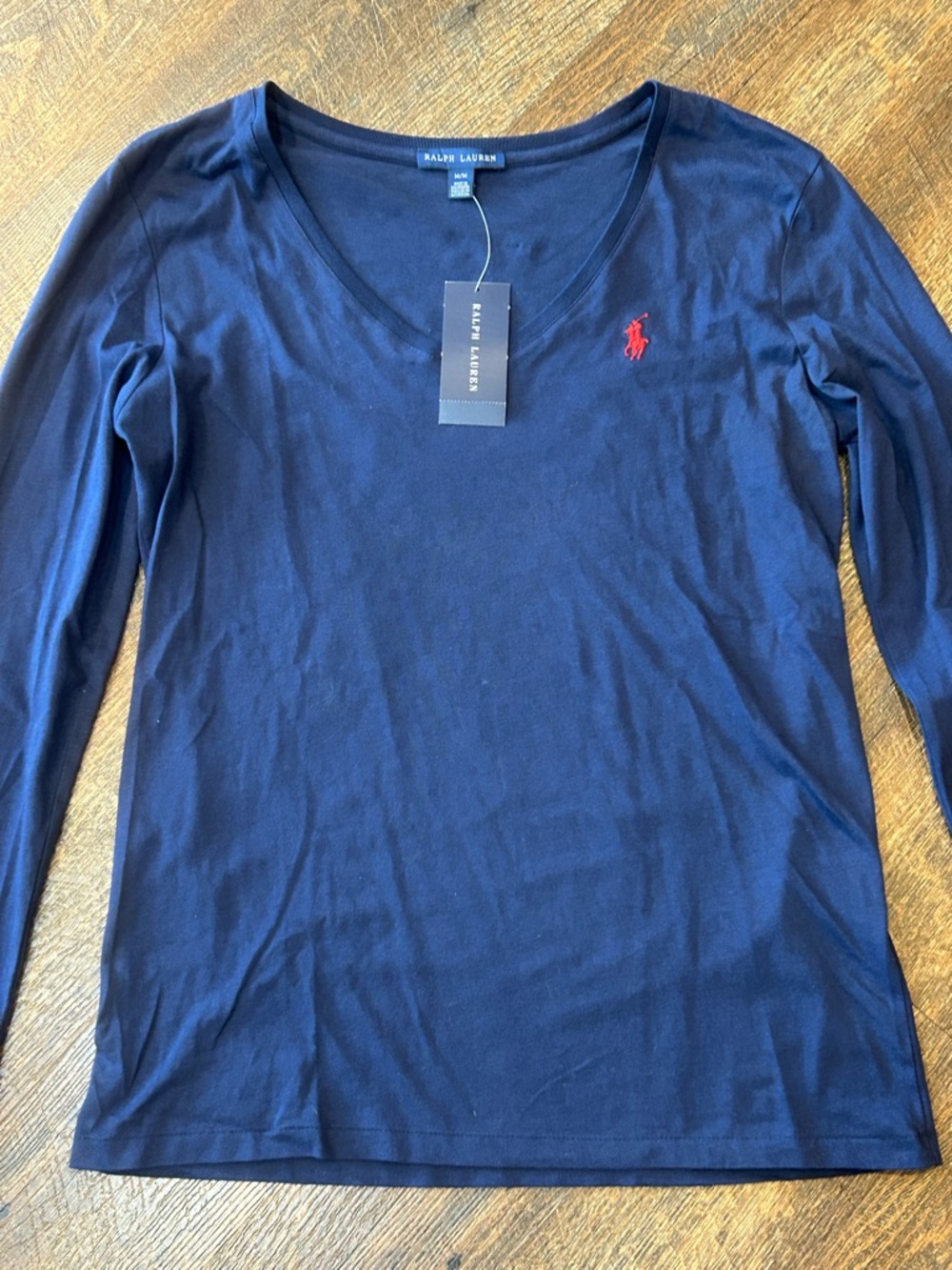 Ralph Lauren Navy Long Sleeve V-Neck Tee with Red Pony - Picture 3 of 6